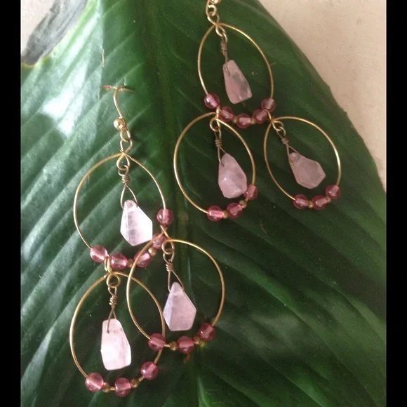 Handmade gold wire and pink stone 3 hoop earrings - Picture 1 of 2